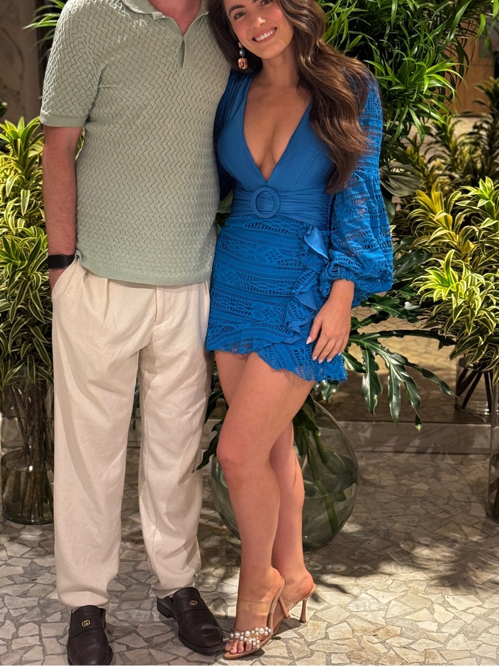 Blue Crochet Mini Dress with Deep V & Belt Detail
